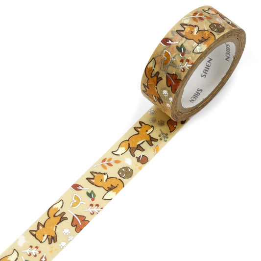 Beige decorative tape with a fox and falling autumn leaves pattern on a white background