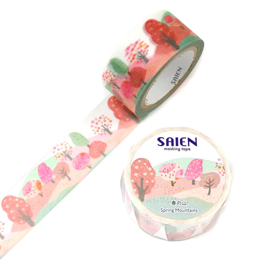 Decorative tape with a pink floral tree design and 'SAIEN' branding on a white background