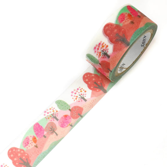 Decorative tape with a pink floral tree pattern on a white background