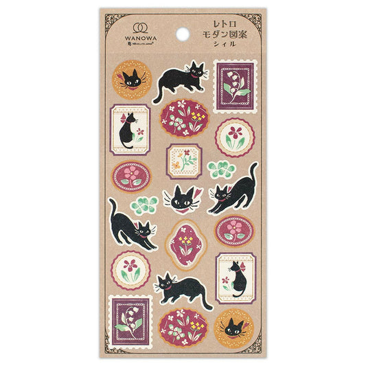 Black Cat and Flowers Sticker Sheet with black cat illustrations and floral designs in vintage frames on kraft paper background