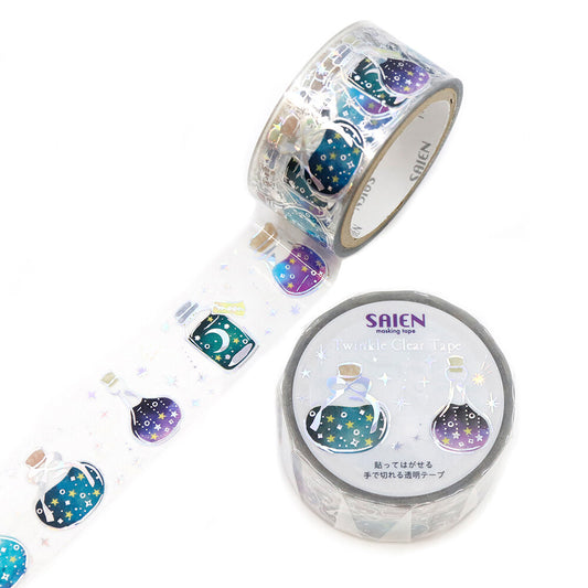Clear tape with designs of potion bottles on a white background