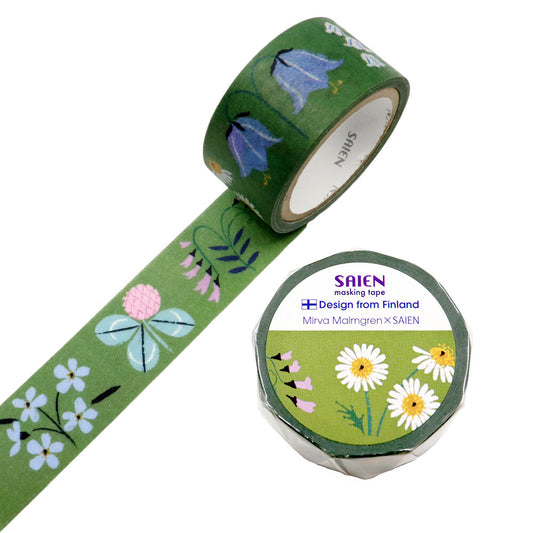 Green decorative tape with floral design and 'SAIEN' branding on a white background
