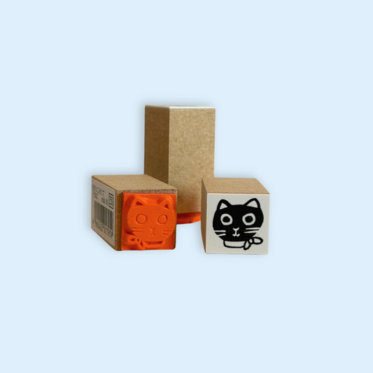 Tiny Black Cat Kuro-chan Cat Head Rubber Stamp showing cat face design on rubber and wooden block for stationery use