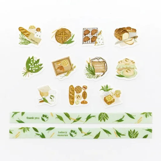 Bakery Suzuran Washi Sticker & Tape 2-Pack with bakery-themed illustrations and green leafy patterns stationery set