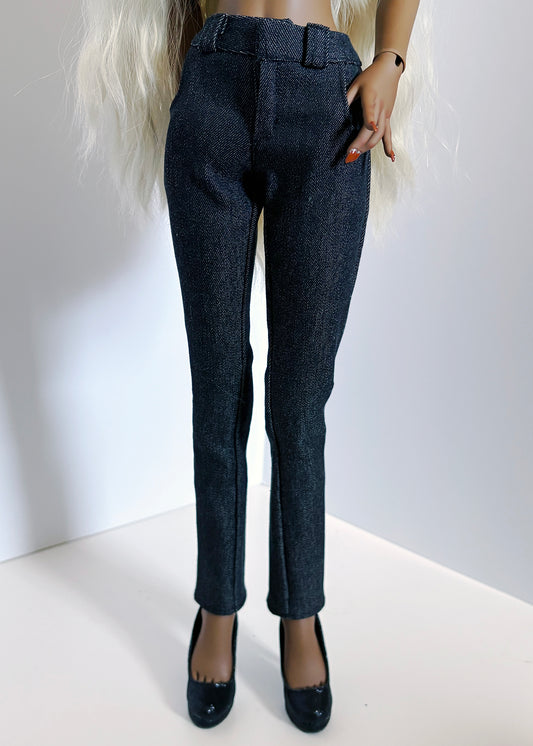 Dark blue pants worn by a person on a white background