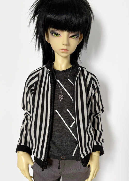 60cm / SD13 BJD Black/White Stripe Baseball Jacket worn by a doll with dark hair and detailed facial features