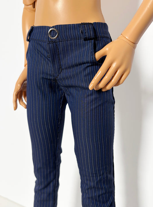 60cm / SD13 BJD Boy Thin Blue Stripe Pants on doll with detailed pinstripes and silver buckle waistband