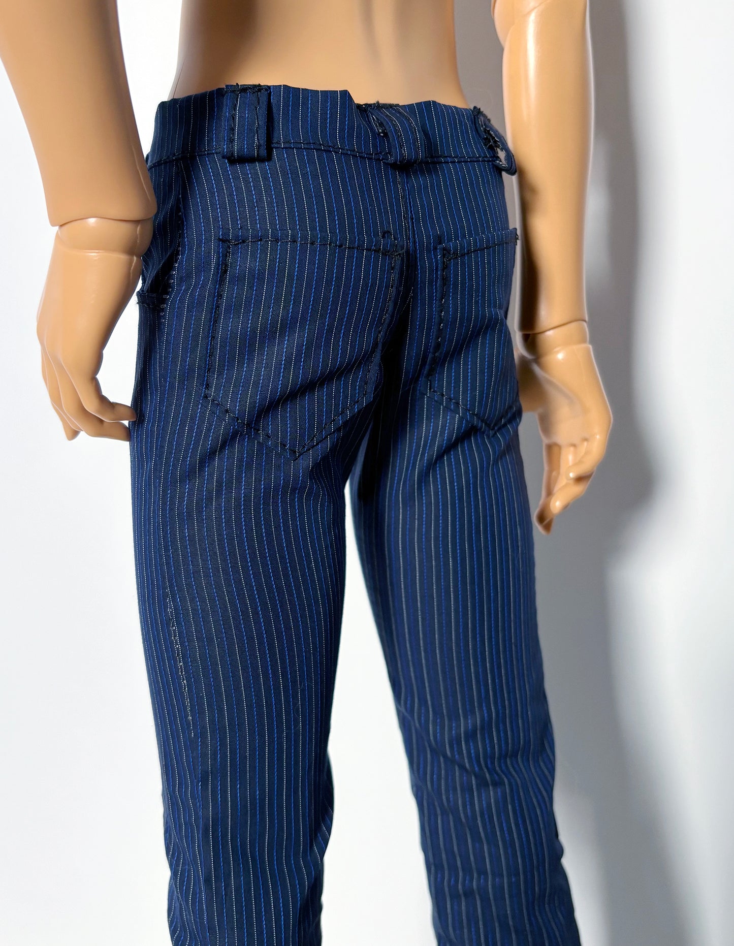 Back view of 60cm / SD13 BJD Boy Thin Blue Stripe Pants on a doll, showing detailed pockets and stripes.