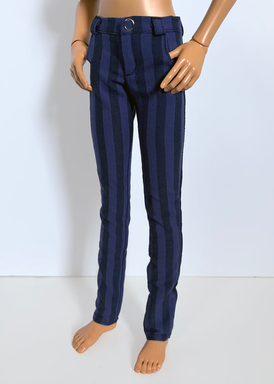 Navy blue striped pants on a mannequin against a white background