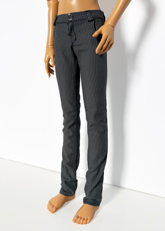 60cm / SD13 BJD Boy Thin Grey Stripe Pants on a doll mannequin with fitted thin vertical stripes design