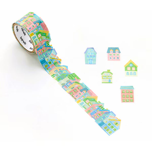 Cute Houses Washi Sticker Roll with colorful pastel house designs for stationery and Japanese stationery accessories.