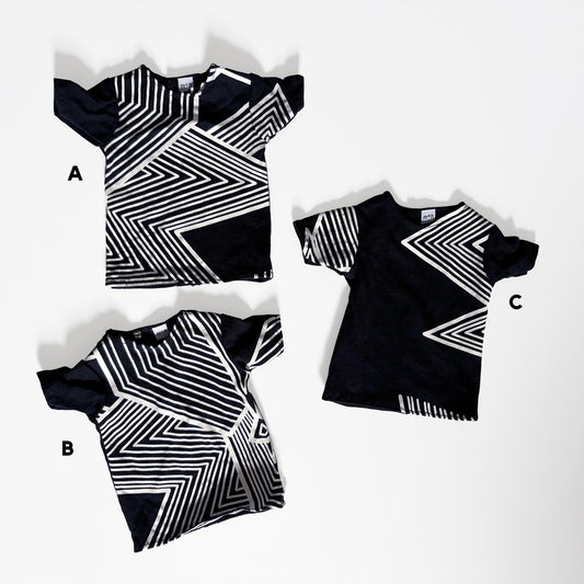 Three 60cm/SD13 BJD Boy Black Zig Zag T-shirts with bold geometric black and white patterns displayed on a white background.
