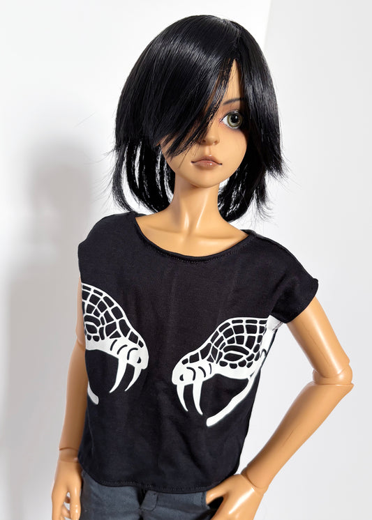 60cm/SD13 BJD Boy Double Snake Black Boxy Shirt with white snake design on black fabric worn by doll