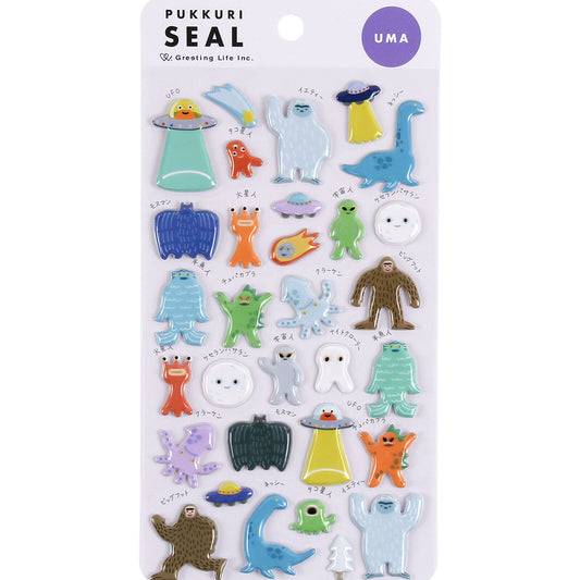 Pukkuri Seal UMA sticker sheet from Greeting Lite Inc., featuring colorful cartoon monster and alien stickers on a white backing card.