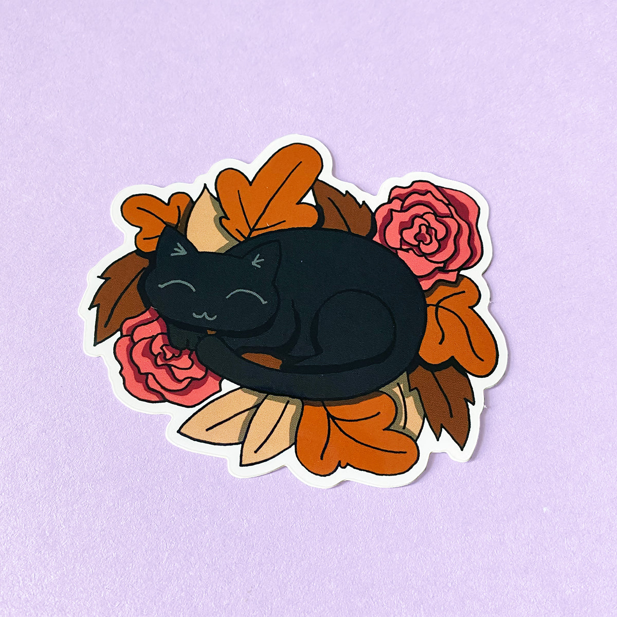 Black Cat in Autumn Leaves Vinyl Sticker