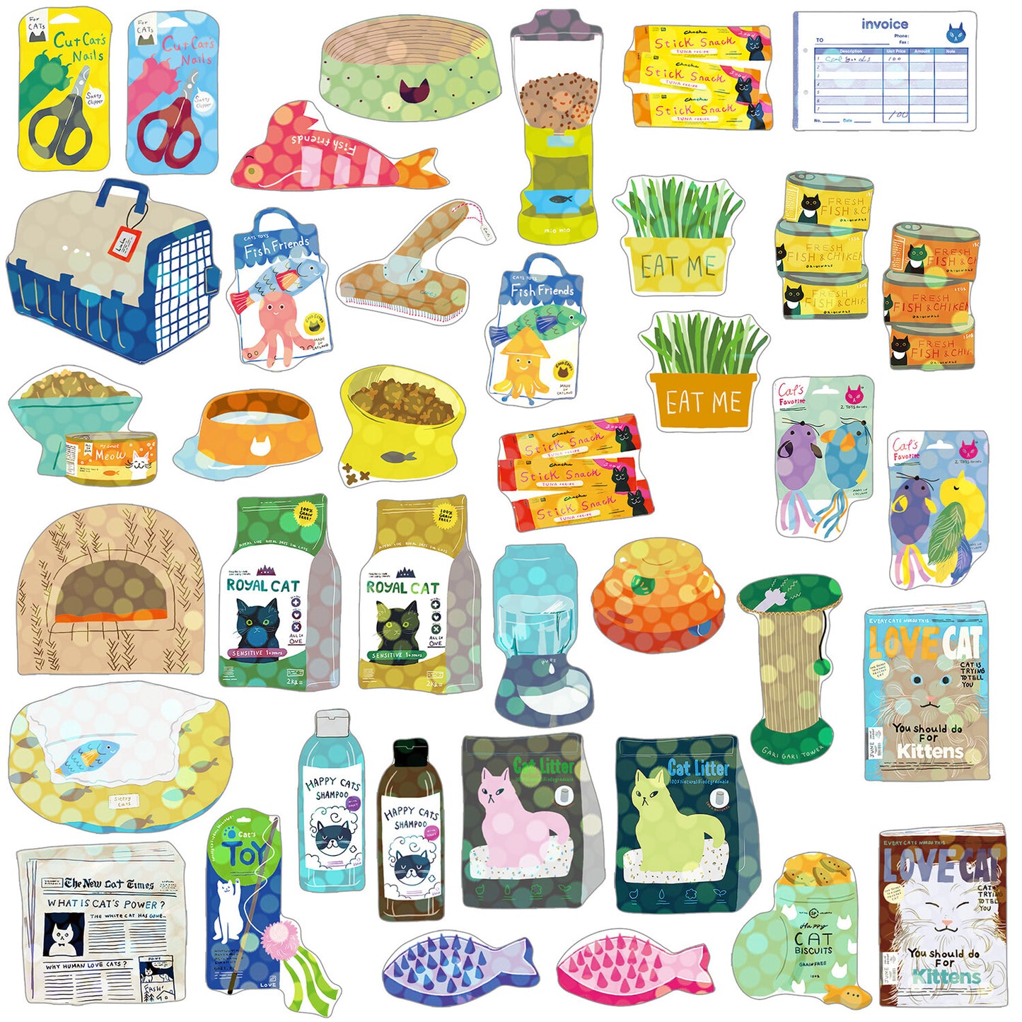 Collection of various pet products stickers on a white background