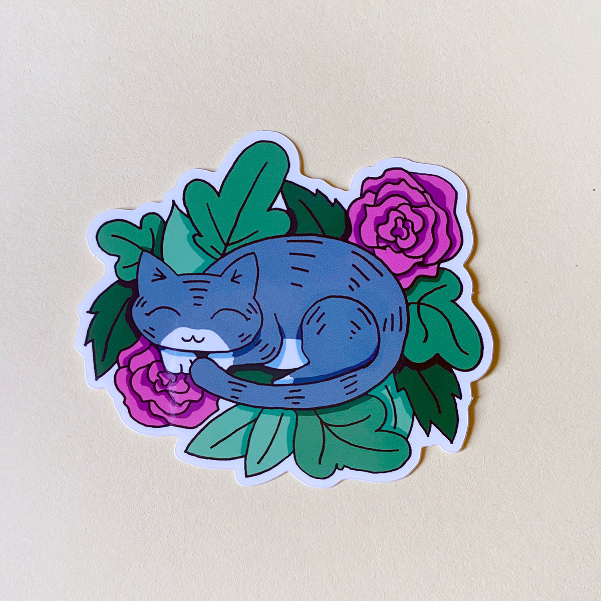 Grey Tabby Cat in Spring Leaves Vinyl Sticker