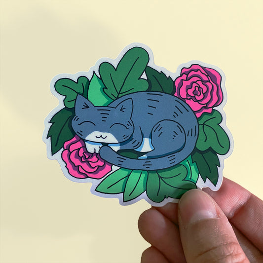 Grey Tabby Cat in Spring Leaves Vinyl Sticker
