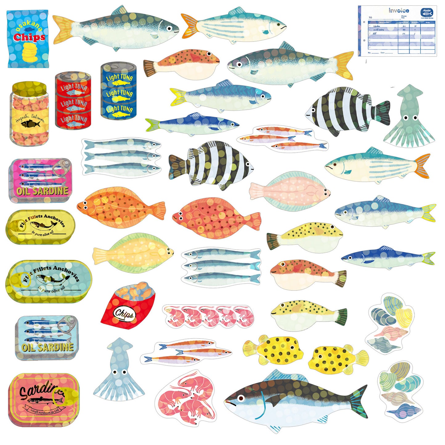 Collection of colorful fish stickers on a white background