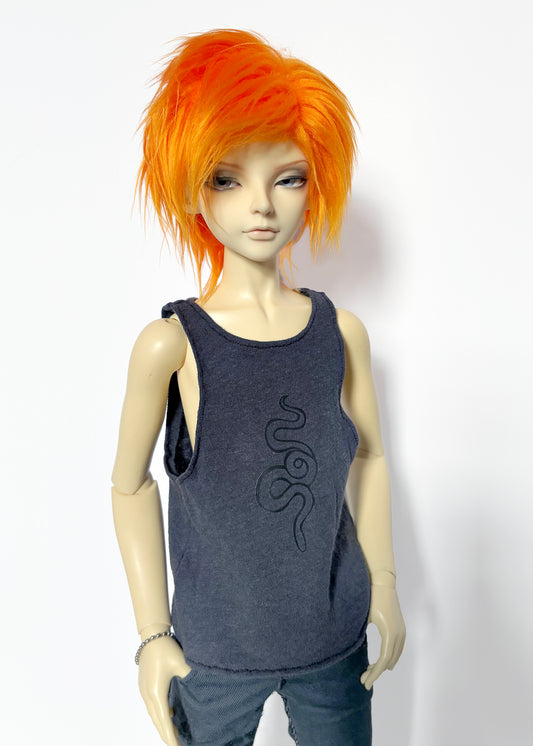 60cm/SD13 BJD Boy Grey Snake Outline Tank worn by doll with bright orange hair and dark pants on white background