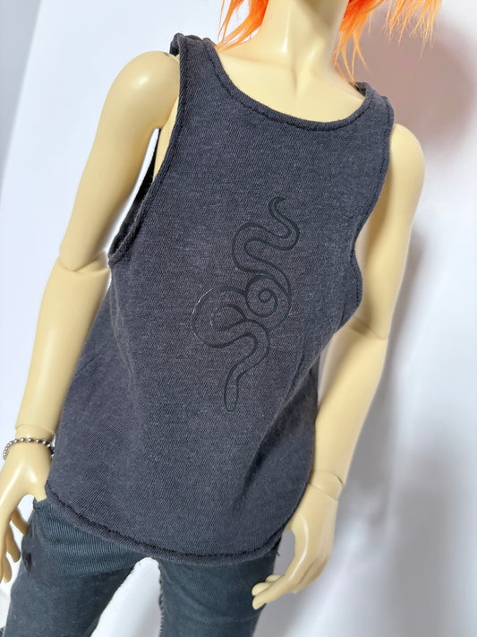 60cm/SD13 BJD Boy Grey Snake Outline Tank on a doll featuring a subtle snake design on dark grey fabric