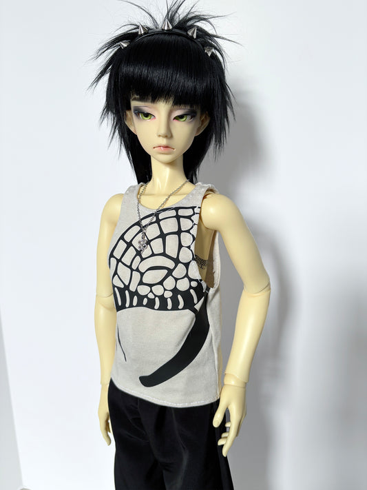 60cm/SD13 BJD Boy Snake Head Loose Tank worn by doll with black hair and spiked headband on white background