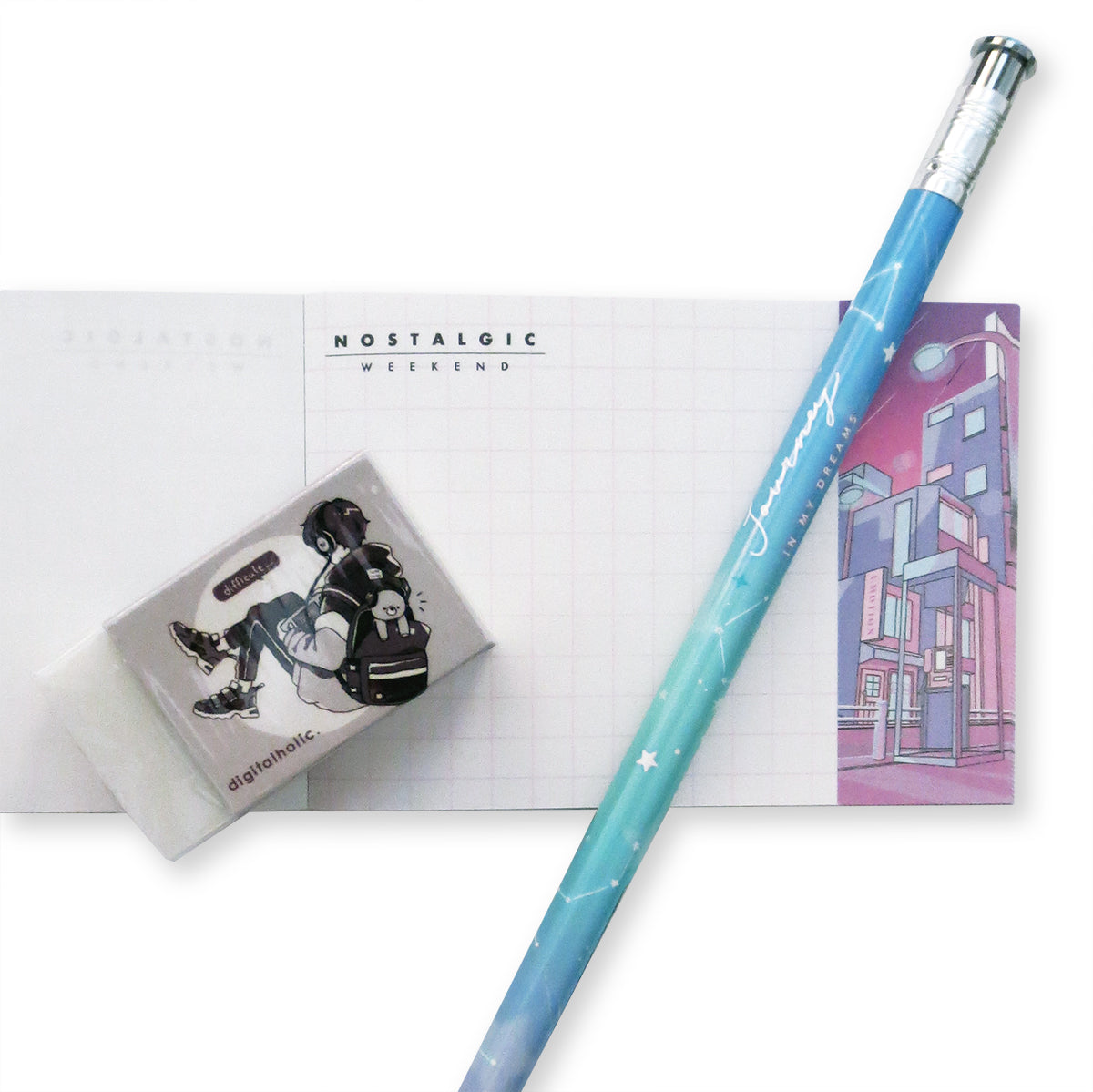 Dreamy Pastel City Pencil, Eraser & Note Pad Stationery Set