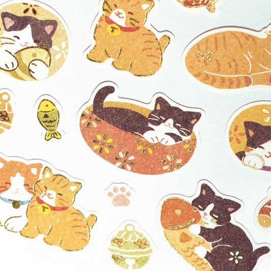 Orange and Black Cats Sticker Sheet featuring cute cats in various poses with decorative accents for stationery and accessories.