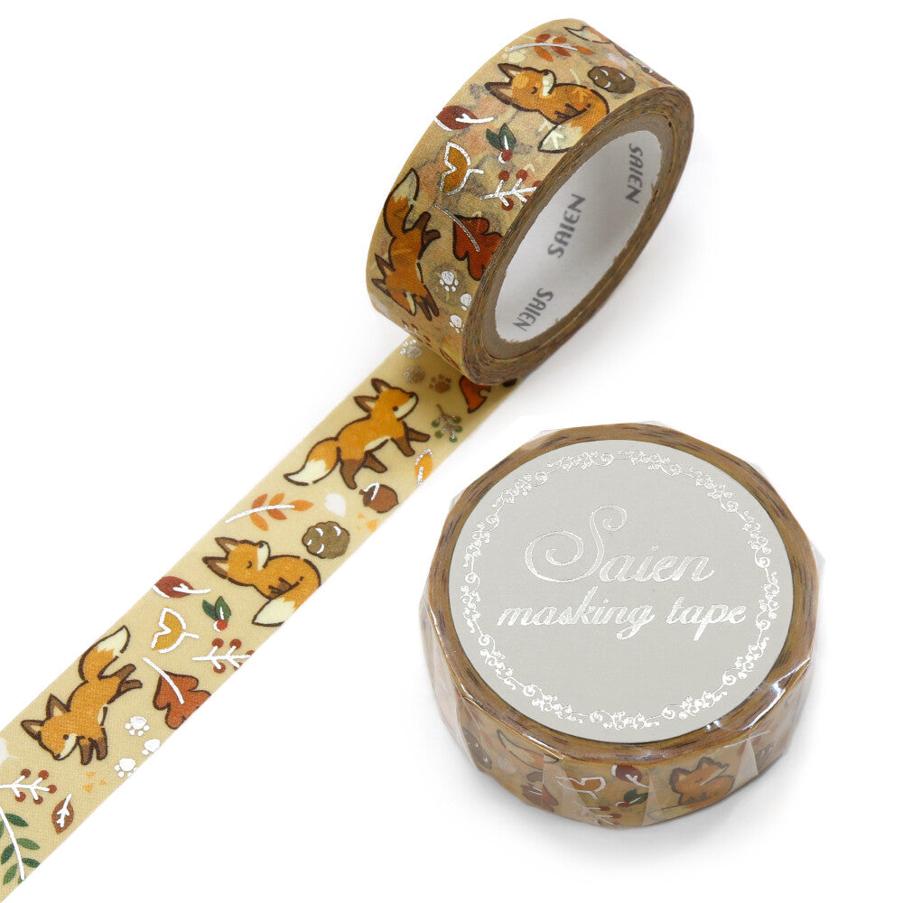 Beige decorative tape with a fox and falling autumn leaves pattern on a white background