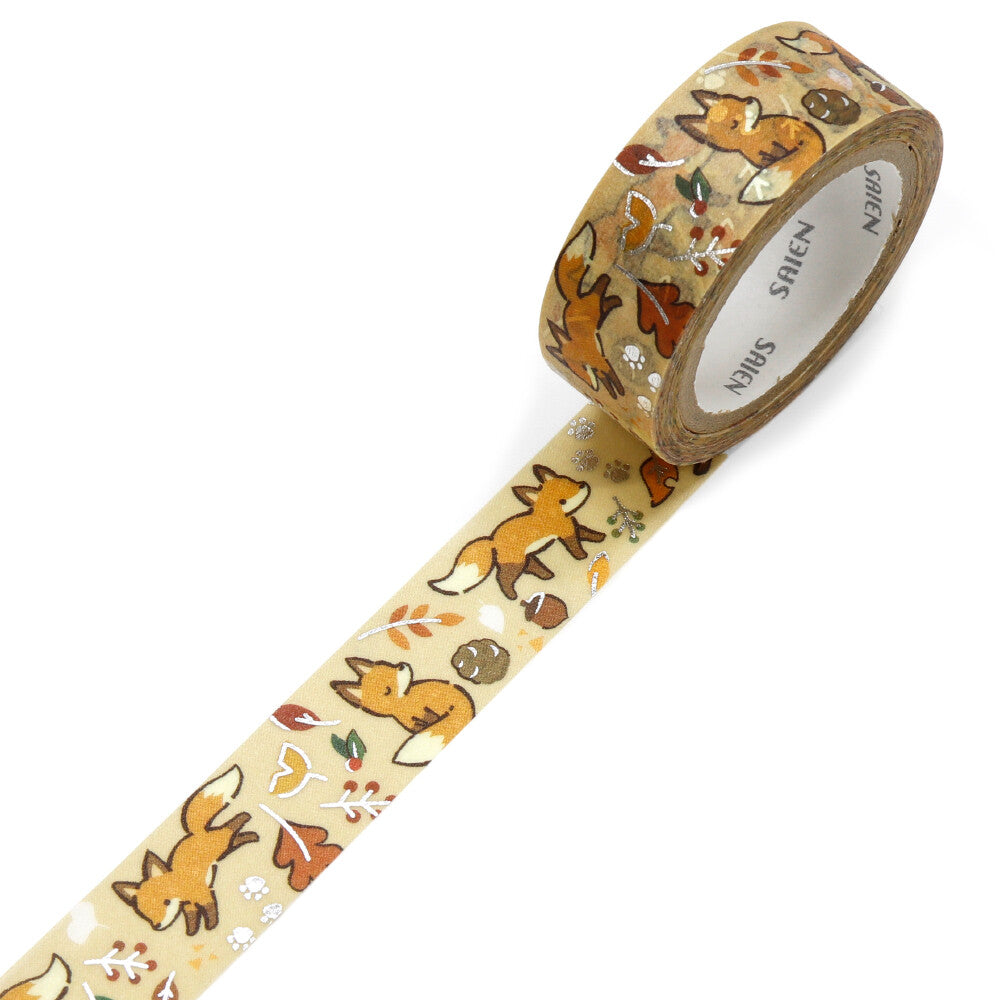Beige decorative tape with a fox and falling autumn leaves pattern on a white background