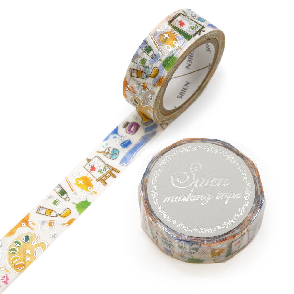 Decorative washi tape with colorful design  of paints, brushes and pens on a white background