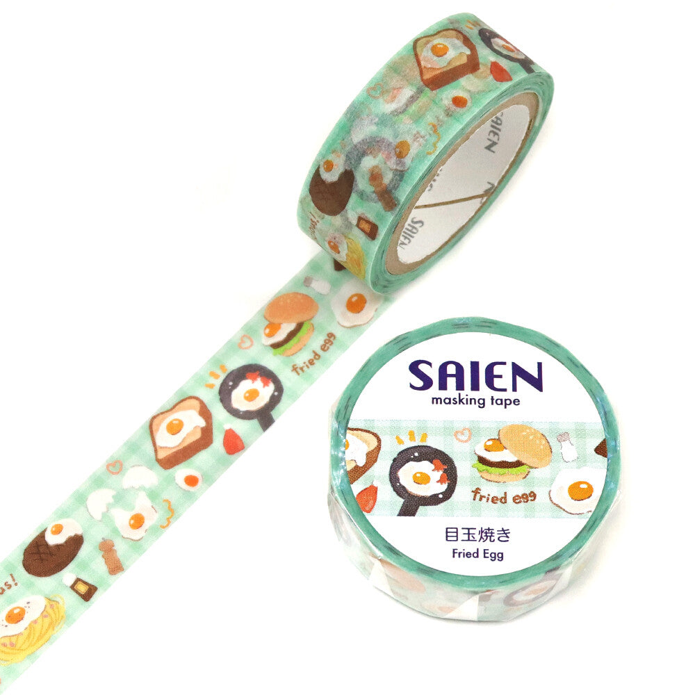 Washi tape with breakfast-themed design and 'SAIEN' branding on a white background