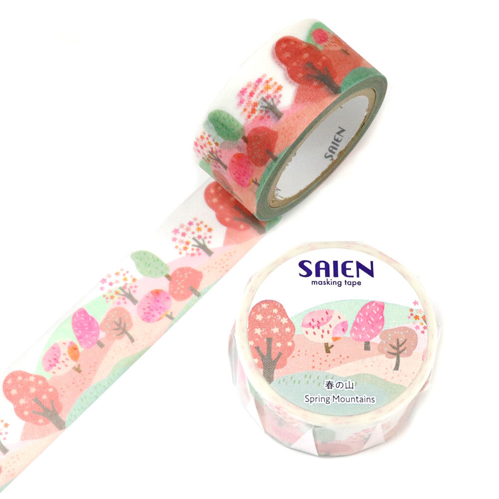 Decorative tape with a pink floral tree design and 'SAIEN' branding on a white background