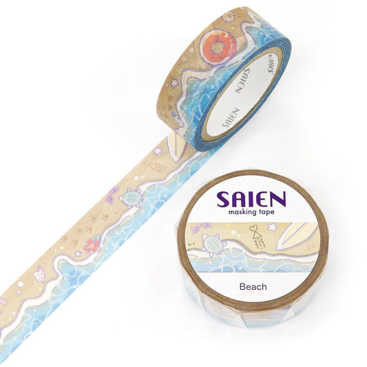 Beach-themed masking tape showing a wave washing up on a sandy beach. The image has a white background.