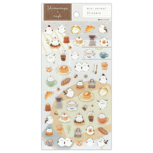 Mini Animal Shimaenaga Bird Sticker Sheet featuring cute birds with desserts and coffee for stationery decoration.