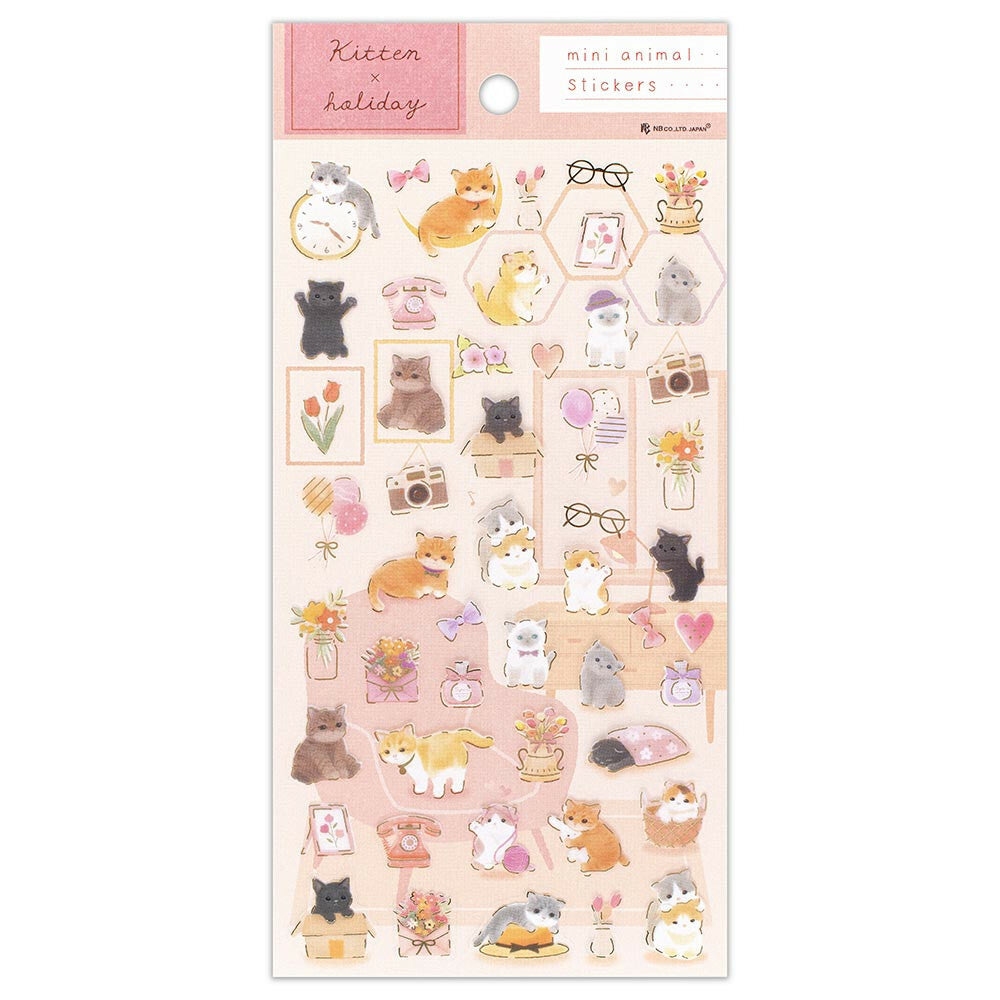 Mini Animal Kitten Sticker Sheet featuring adorable kitten designs with flowers, balloons, and vintage-style accessories.