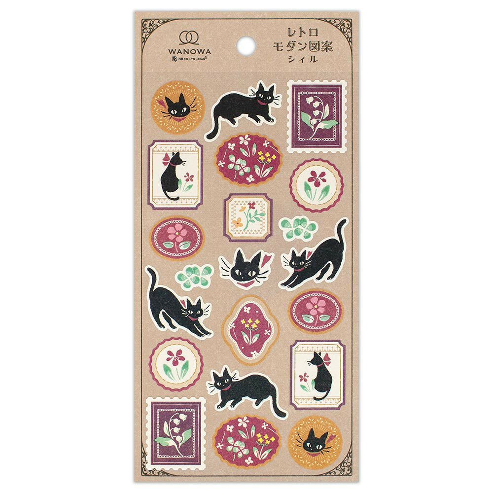 Black Cat and Flowers Sticker Sheet with black cat illustrations and floral designs in vintage frames on kraft paper background