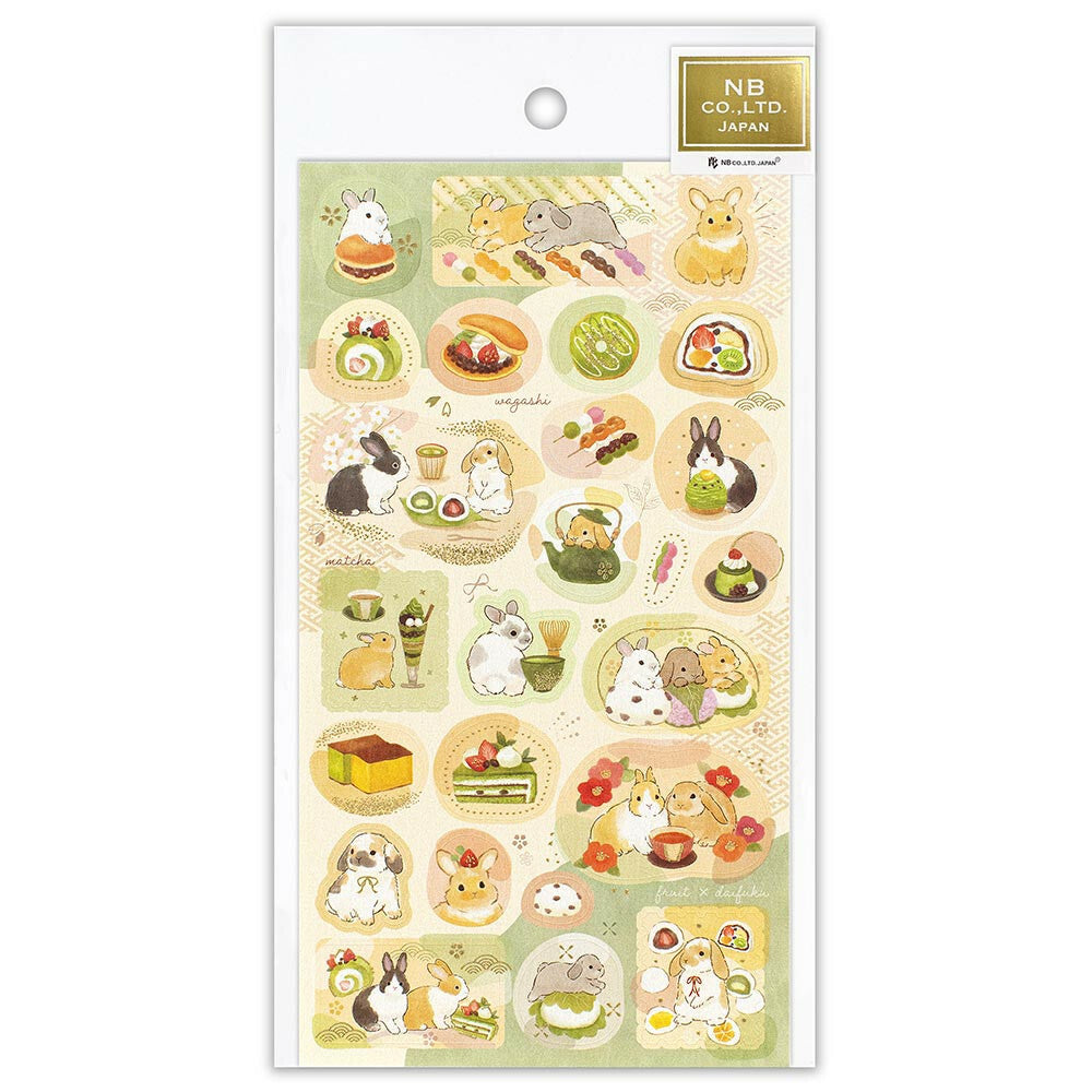 Bunnies & Sweets Sticker Sheet with cute rabbits and various colorful sweets in soft pastel tones.