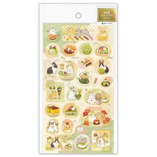 Bunnies & Sweets Sticker Sheet with cute rabbits and various colorful sweets in soft pastel tones.