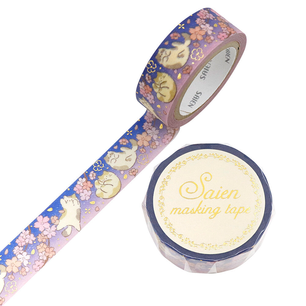 Cats and cherry blossoms on a pink and purple decorative tape.