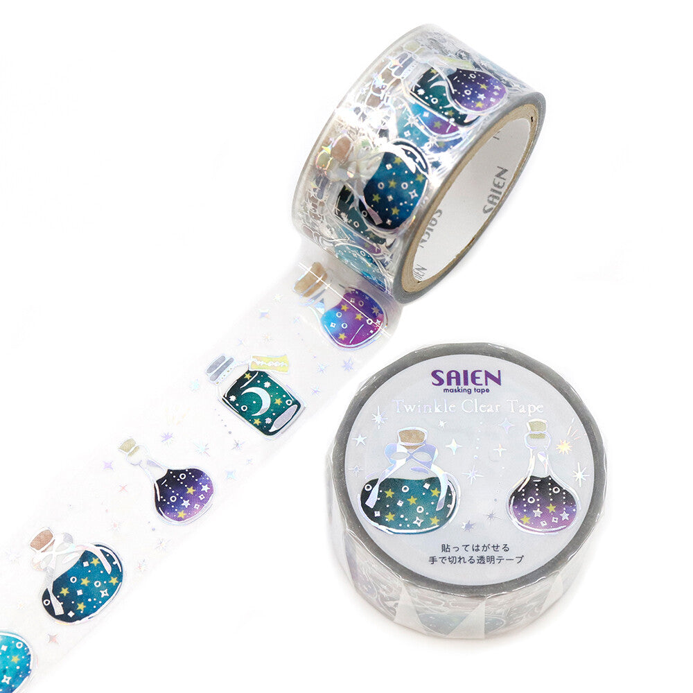 Clear tape with designs of potion bottles on a white background