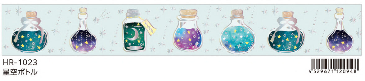 Swatch of clear tape featuring six decorative bottles with star and moon designs on a white background.