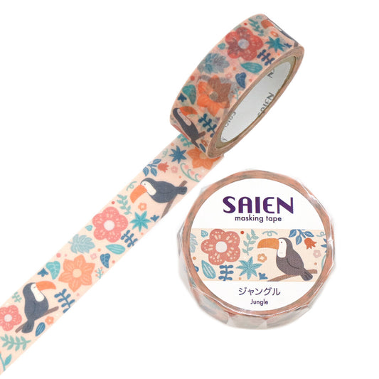 Decorative tape with toucan and floral design and SAIEN branding on a white background.