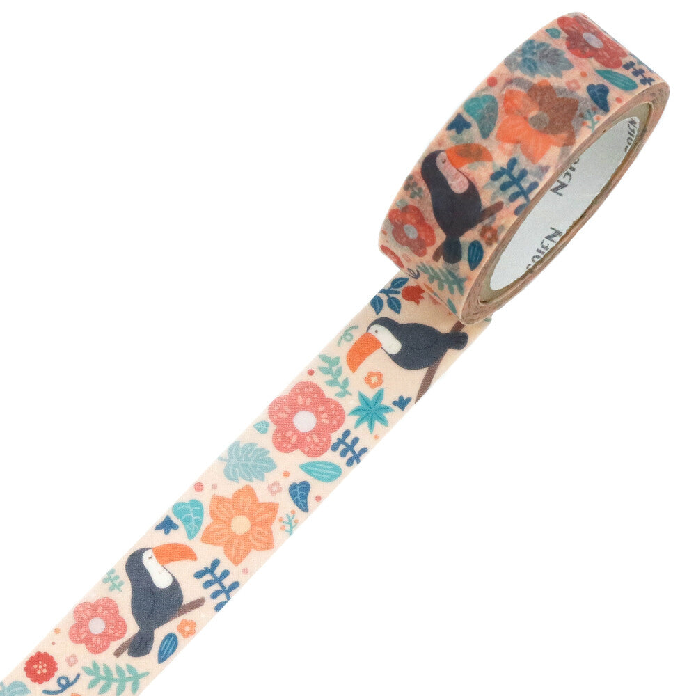 Decorative tape with toucan and floral pattern on a white background