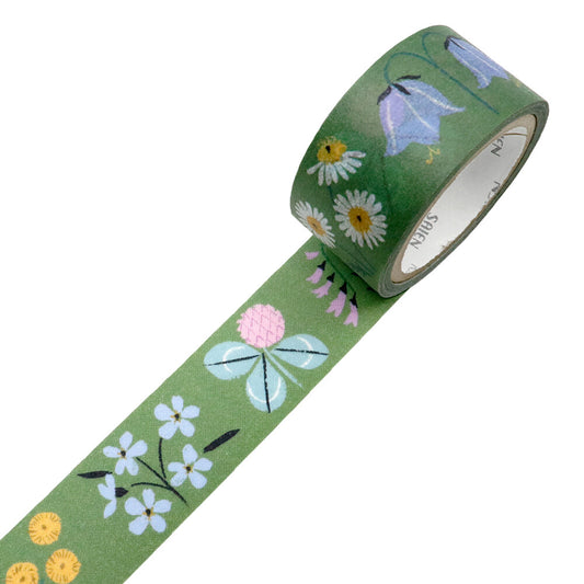 Roll of floral tape with various flowers on a green background