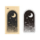 Midnight Sky Window Rubber Stamp showing a crescent moon and stars in a night sky on the wooden stamp block and an example stamped paper.