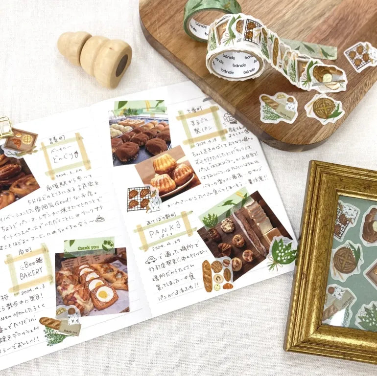 Bakery Suzuran Washi Sticker & Tape 2-Pack with bakery-themed washi tape and stickers on journal and wooden board