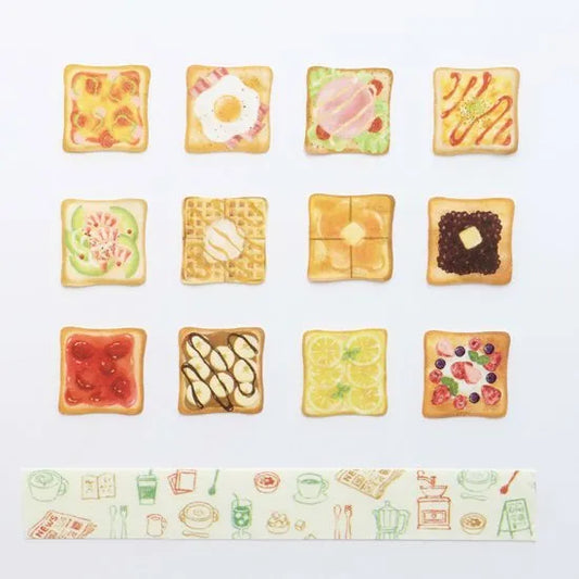 Toast Breakfast Washi Sticker & Tape 2-Pack featuring colorful breakfast toast designs with various toppings and pattern tape.