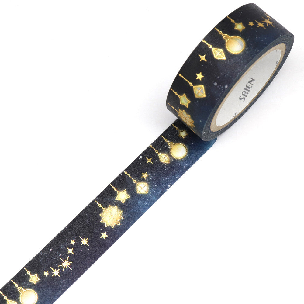 Decorative tape with gold star designs on a black background