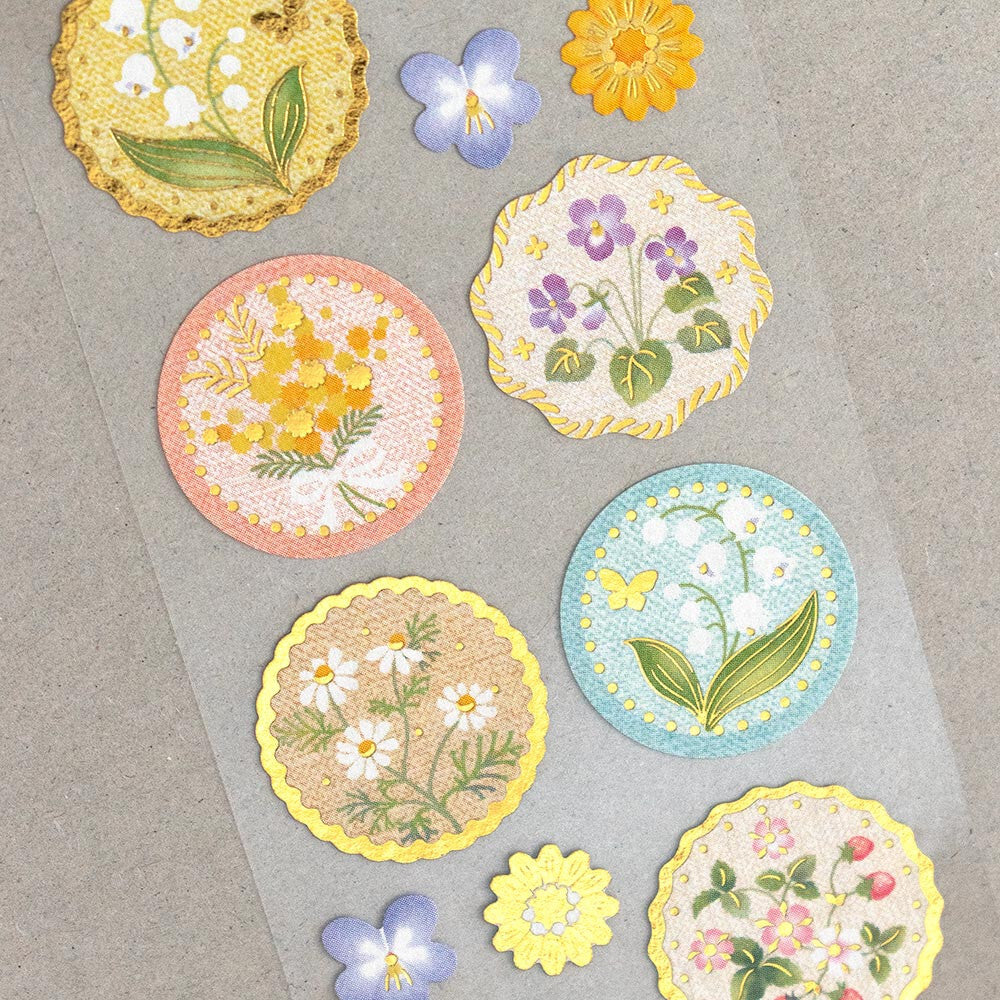 Little Retro Flowers Sticker Sheet with vintage-style floral designs in soft pastel colors for stationery and accessories.
